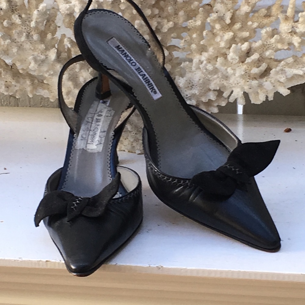 Black Leather Manolo Blahnik Slingbacks 8 1/2